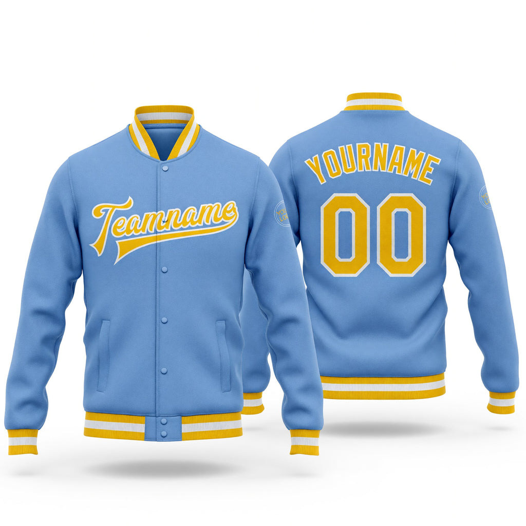 Custom Light Blue Gold-White Bomber Full-Snap Varsity Letterman Jacket