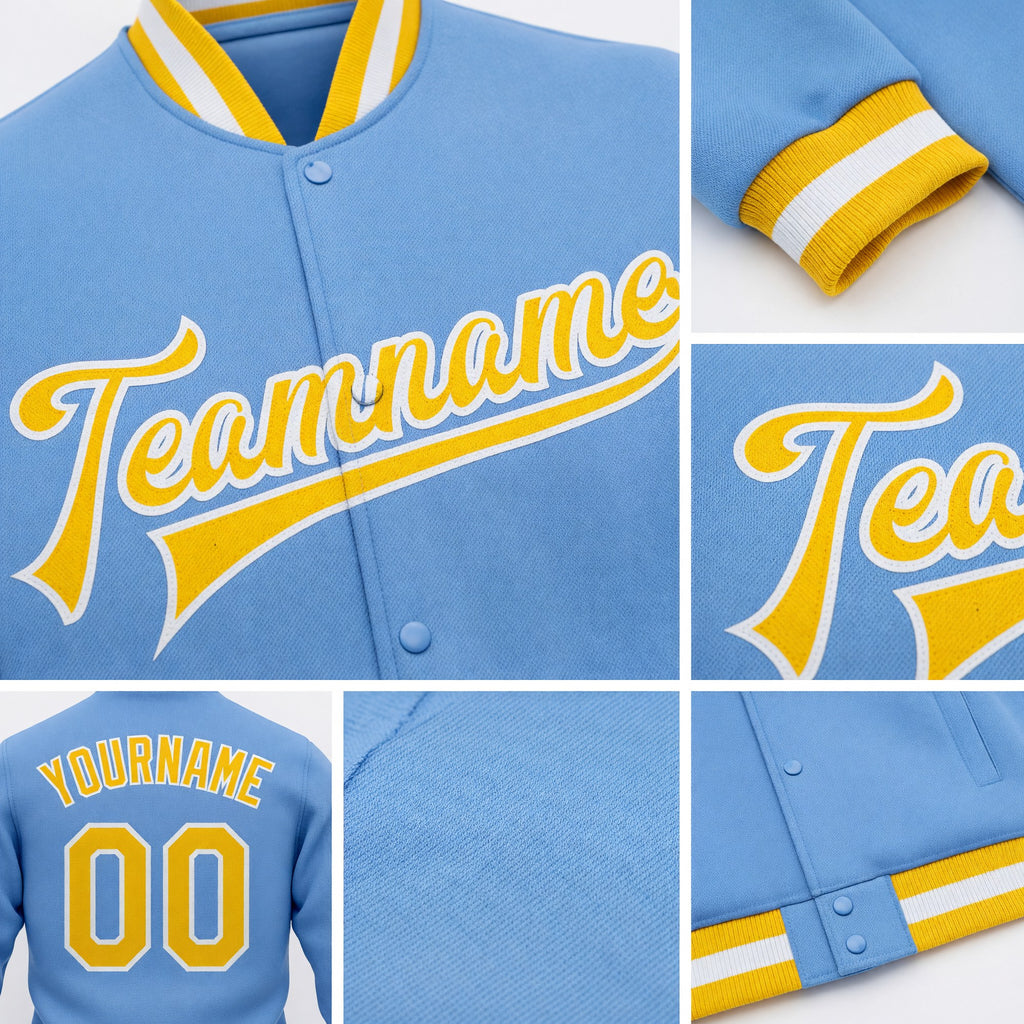 Custom Light Blue Gold-White Bomber Full-Snap Varsity Letterman Jacket detail