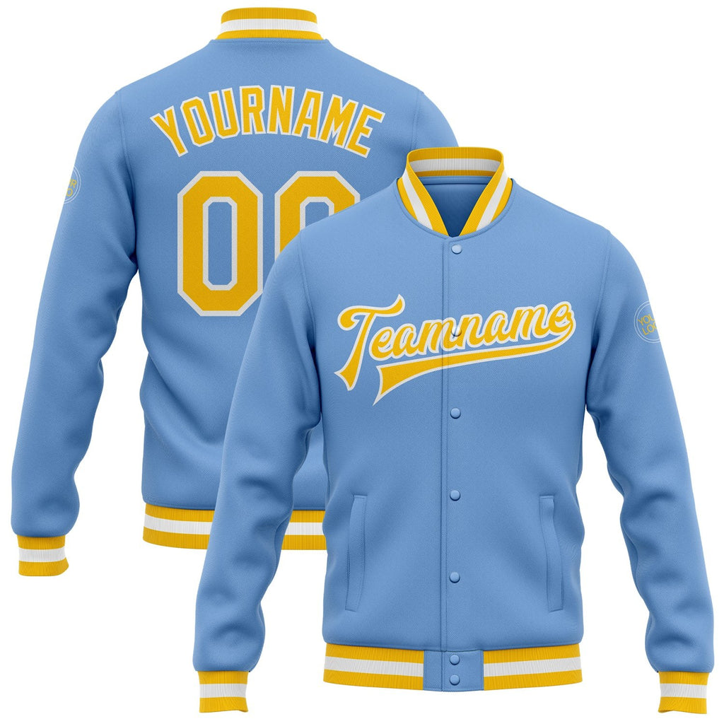 Custom Light Blue Gold-White Bomber Full-Snap Varsity Letterman Jacket photo 1