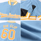 Custom Light Blue Gold-White Bomber Full-Snap Varsity Letterman Jacket photo 4
