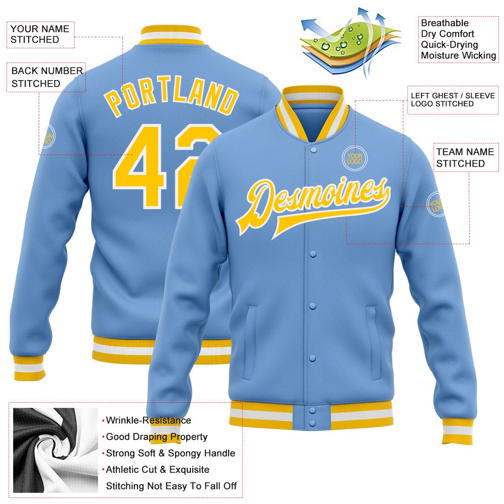 Custom Light Blue Gold-White Bomber Full-Snap Varsity Letterman Jacket photo 5