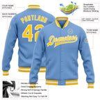 Custom Light Blue Gold-White Bomber Full-Snap Varsity Letterman Jacket photo 5