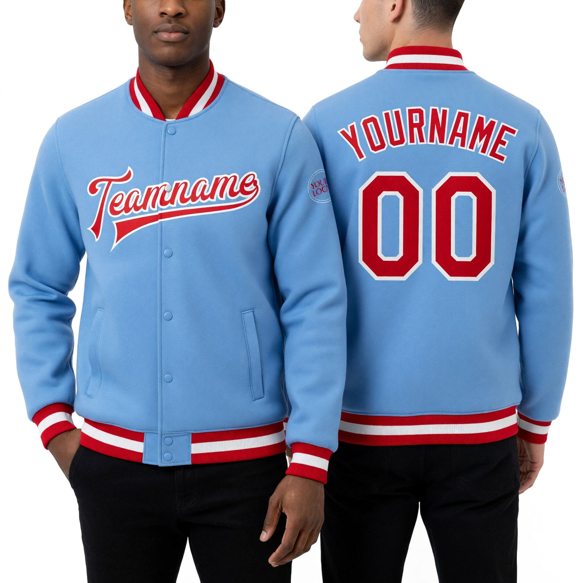 Custom Light Blue Red-White Bomber Full-Snap Varsity Letterman Jacket worn front and back