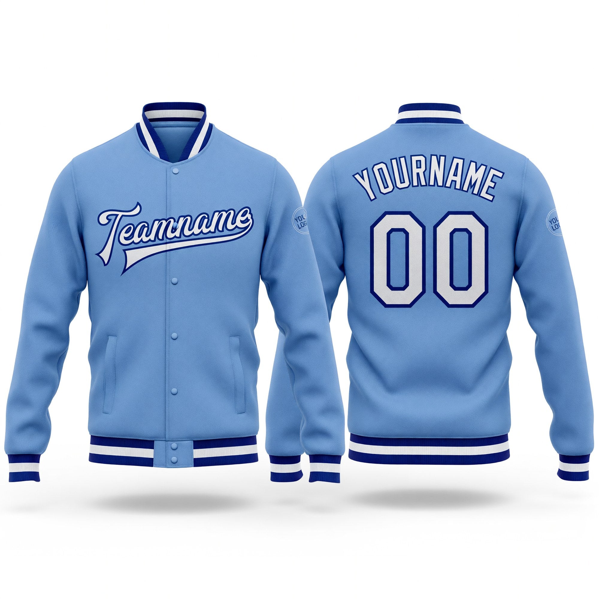 Custom Light Blue White-Royal Bomber Full-Snap Varsity Letterman Jacket