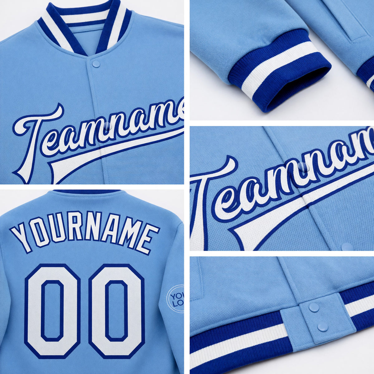 Custom Light Blue White-Royal Bomber Full-Snap Varsity Letterman Jacket detail