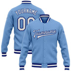 Custom Light Blue White-Royal Bomber Full-Snap Varsity Letterman Jacket photo 1
