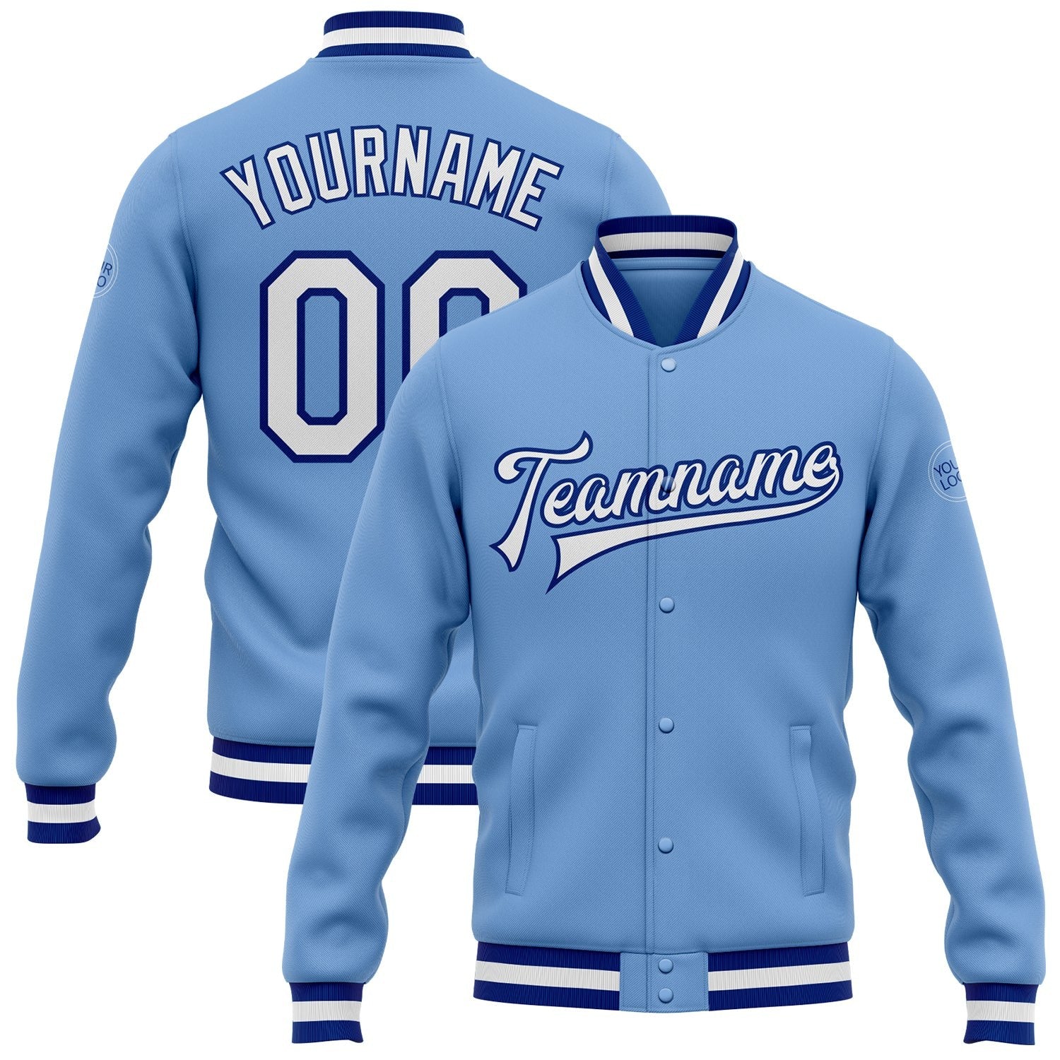 Custom Light Blue White-Royal Bomber Full-Snap Varsity Letterman Jacket photo 1
