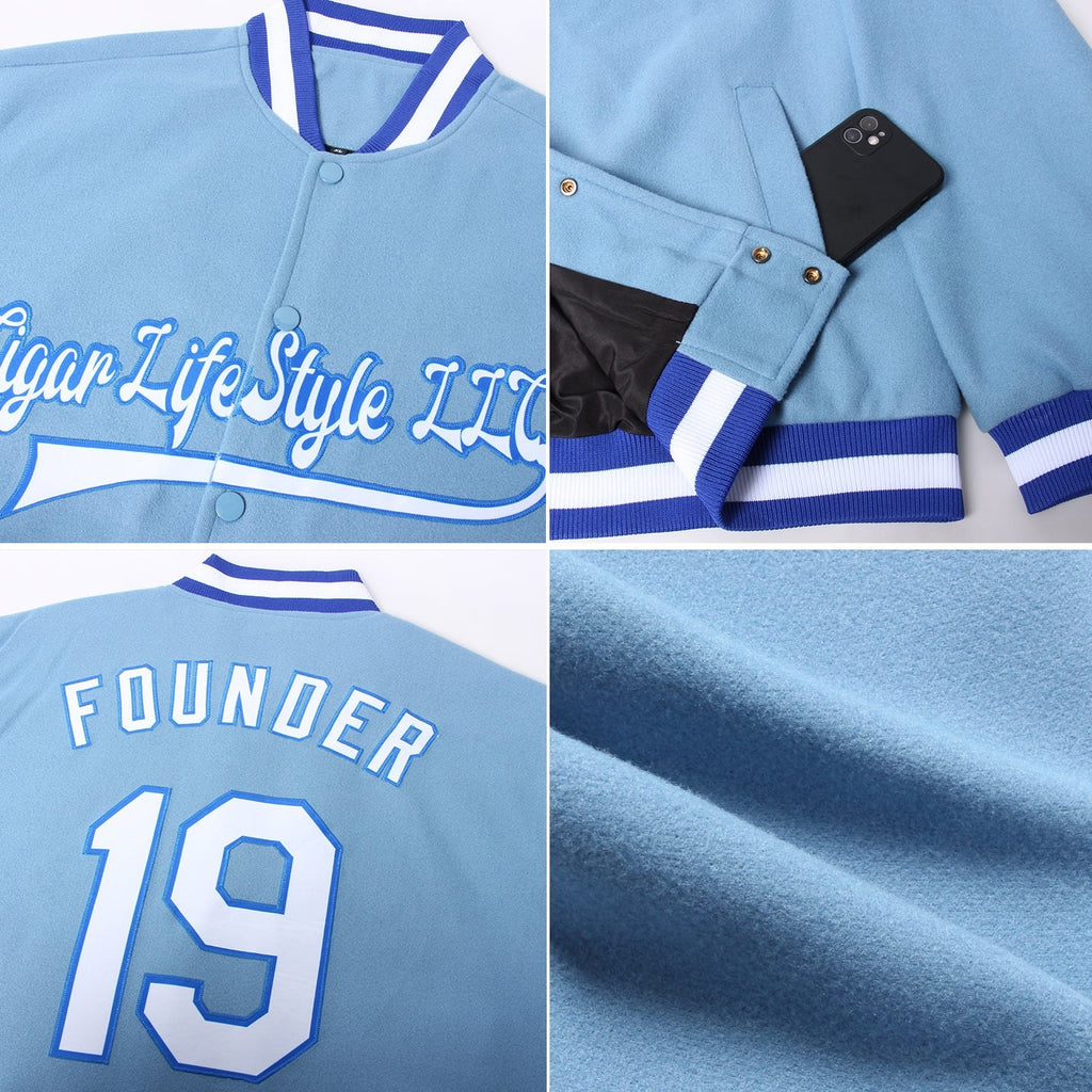 Custom Light Blue White-Royal Bomber Full-Snap Varsity Letterman Jacket photo 4