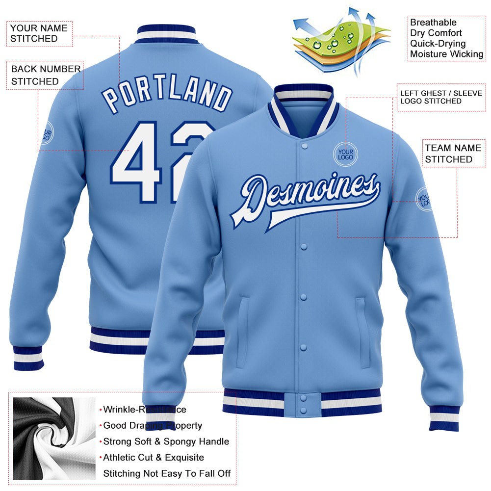 Custom Light Blue White-Royal Bomber Full-Snap Varsity Letterman Jacket photo 5