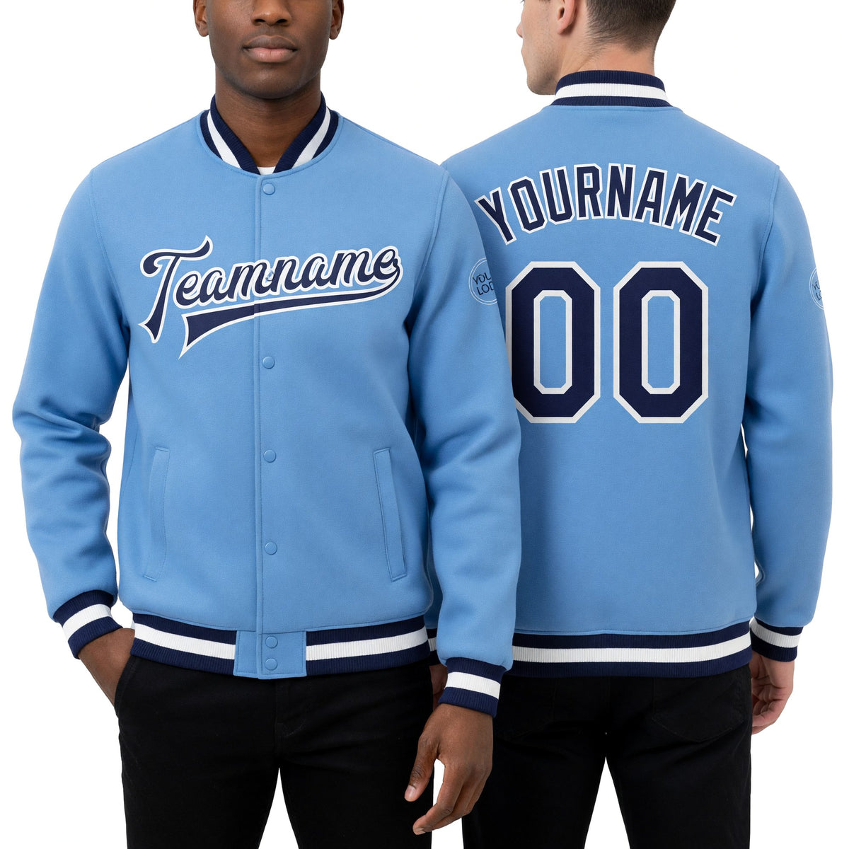 Custom Light Blue Navy-White Bomber Full-Snap Varsity Letterman Jacket worn front and back