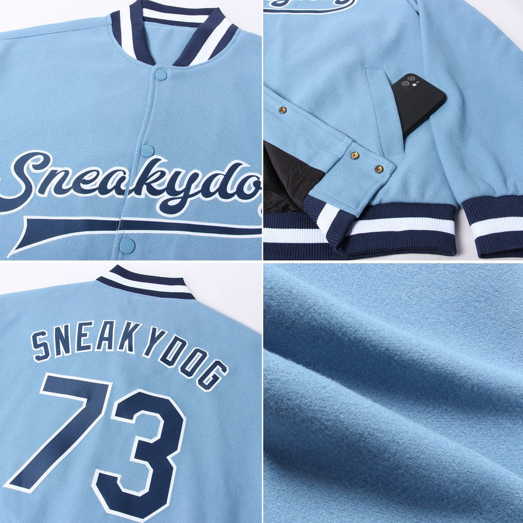 Custom Light Blue Navy-White Bomber Full-Snap Varsity Letterman Jacket photo 4