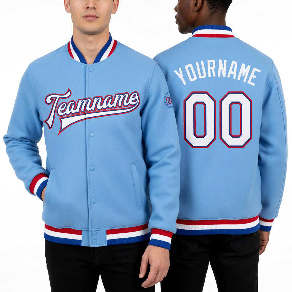 Custom Light Blue White Royal-Red Bomber Full-Snap Varsity Letterman Jacket worn front and back