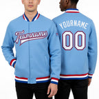 Custom Light Blue White Royal-Red Bomber Full-Snap Varsity Letterman Jacket worn front and back