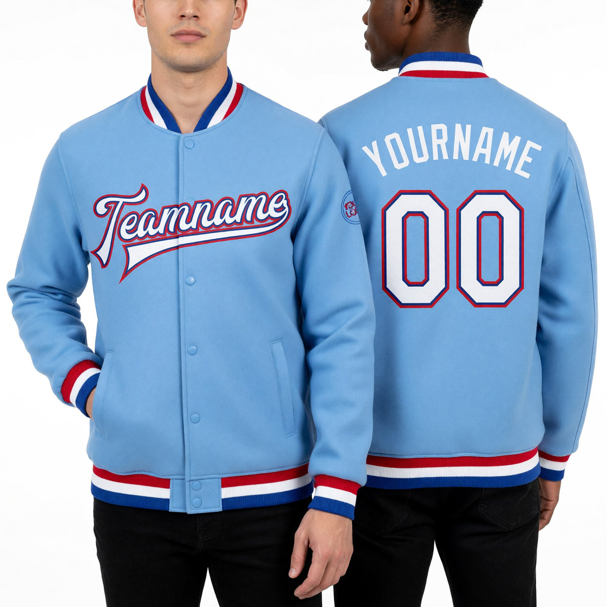 Custom Light Blue White Royal-Red Bomber Full-Snap Varsity Letterman Jacket worn front and back