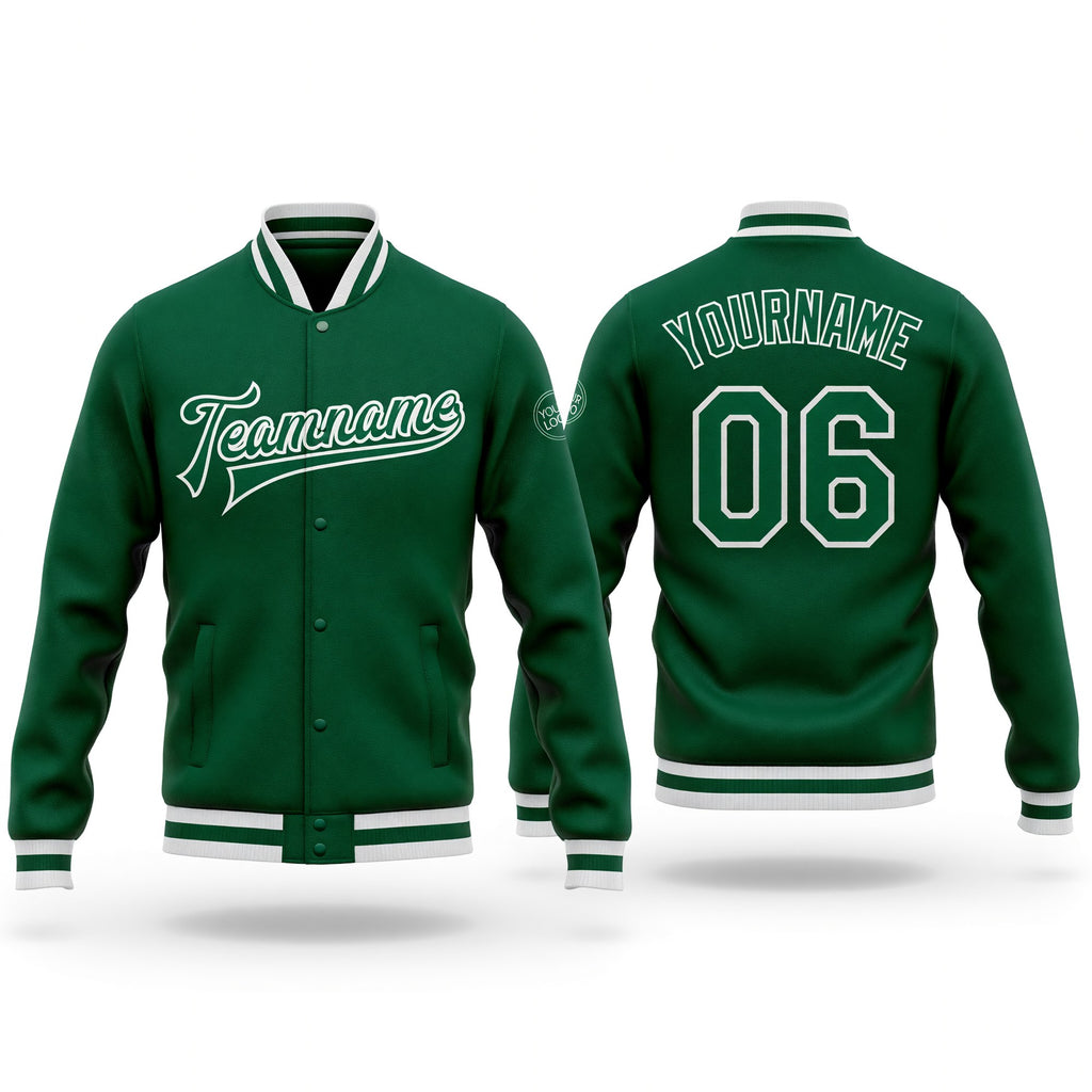 Custom Kelly Green Kelly Green-White Bomber Full-Snap Varsity Letterman Jacket
