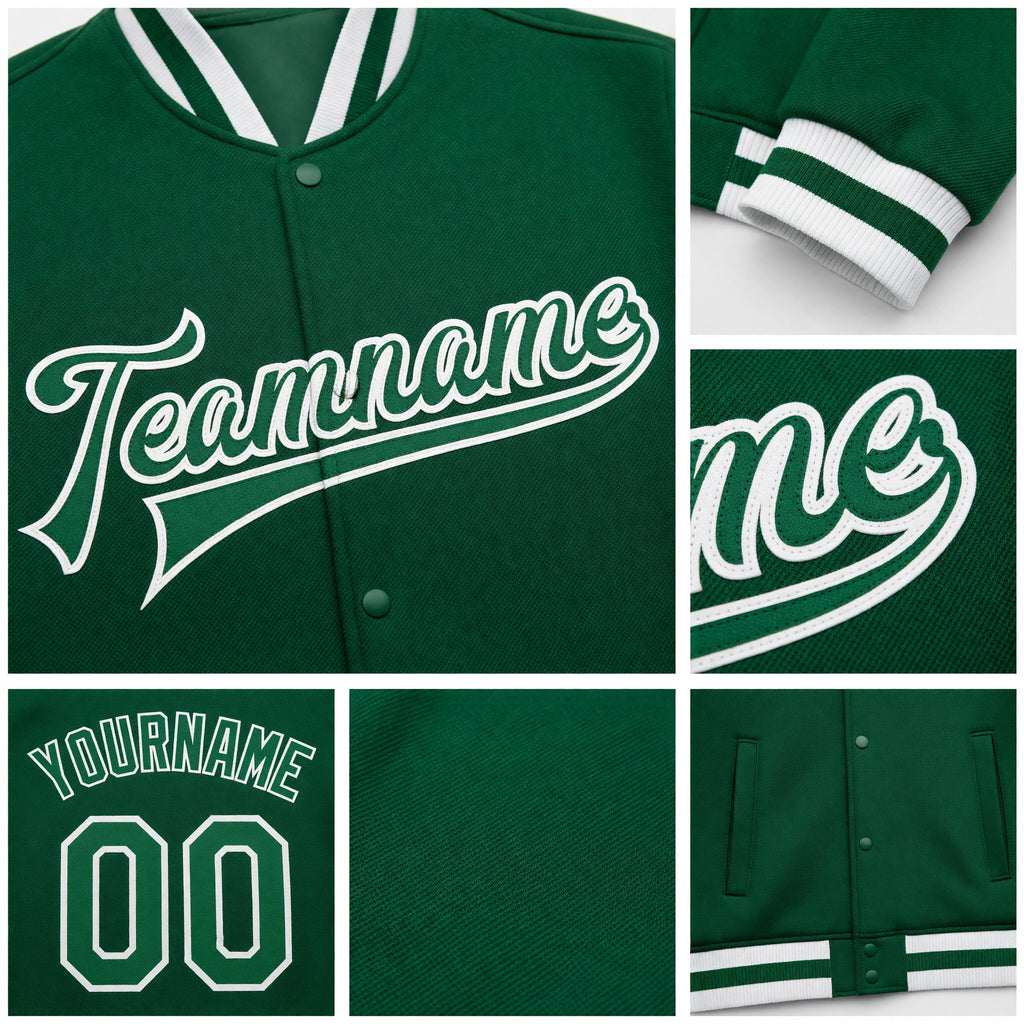 Custom Kelly Green Kelly Green-White Bomber Full-Snap Varsity Letterman Jacket detail