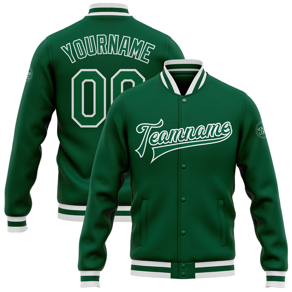 Custom Kelly Green Kelly Green-White Bomber Full-Snap Varsity Letterman Jacket photo 1