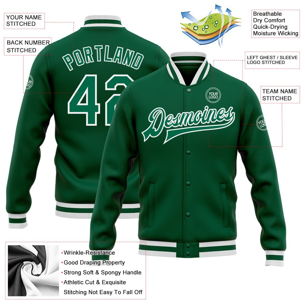 Custom Kelly Green Kelly Green-White Bomber Full-Snap Varsity Letterman Jacket photo 5