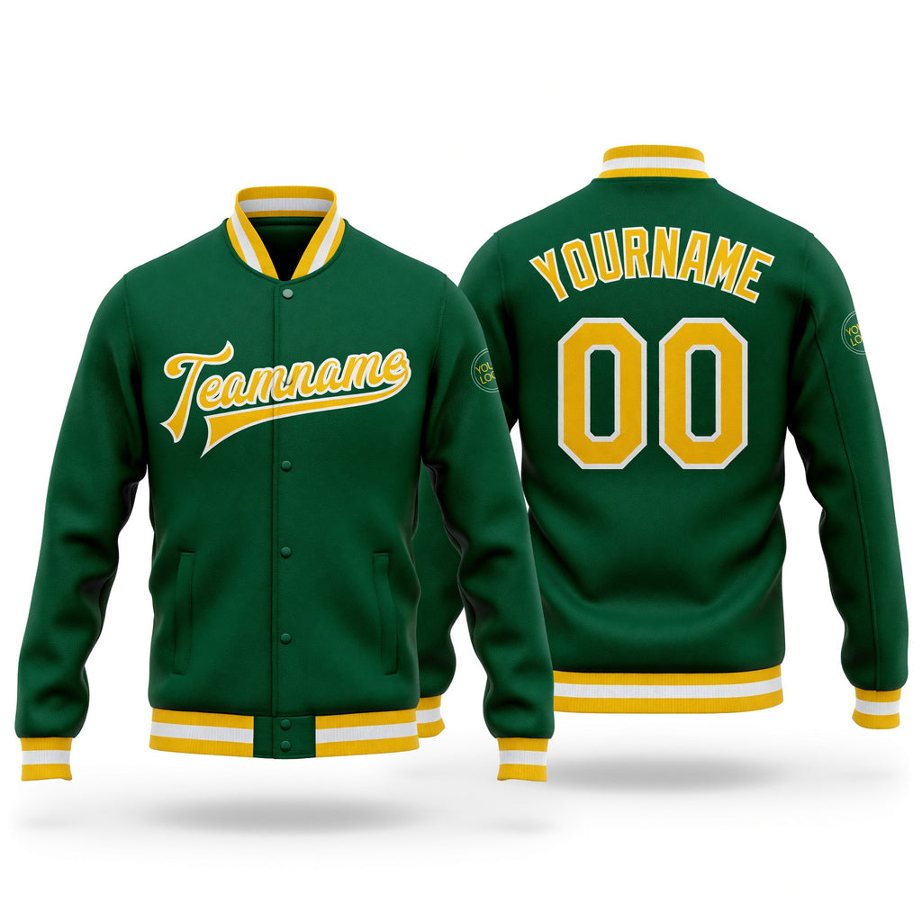 Custom Kelly Green Gold-White Bomber Full-Snap Varsity Letterman Jacket