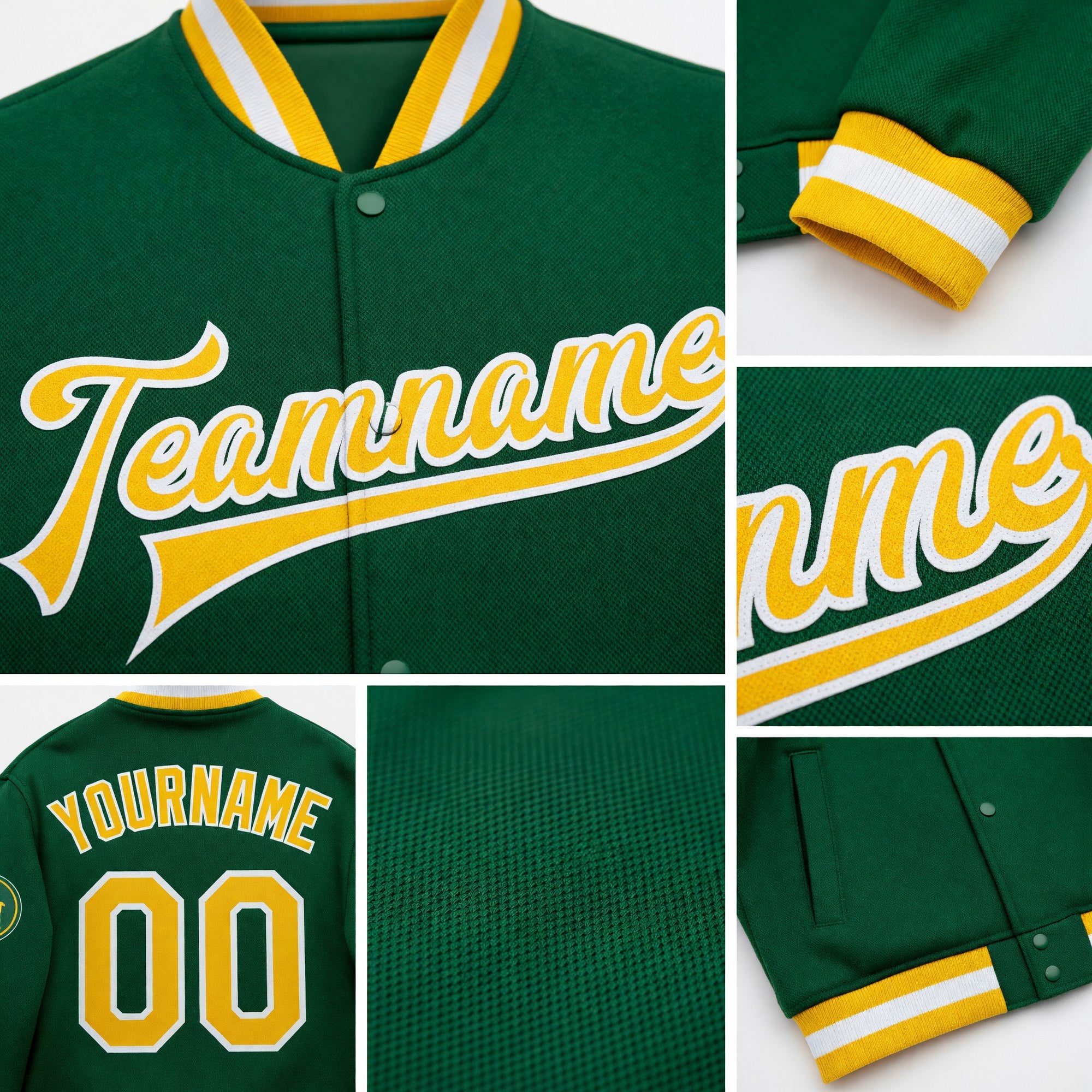 Custom Kelly Green Gold-White Bomber Full-Snap Varsity Letterman Jacket detail