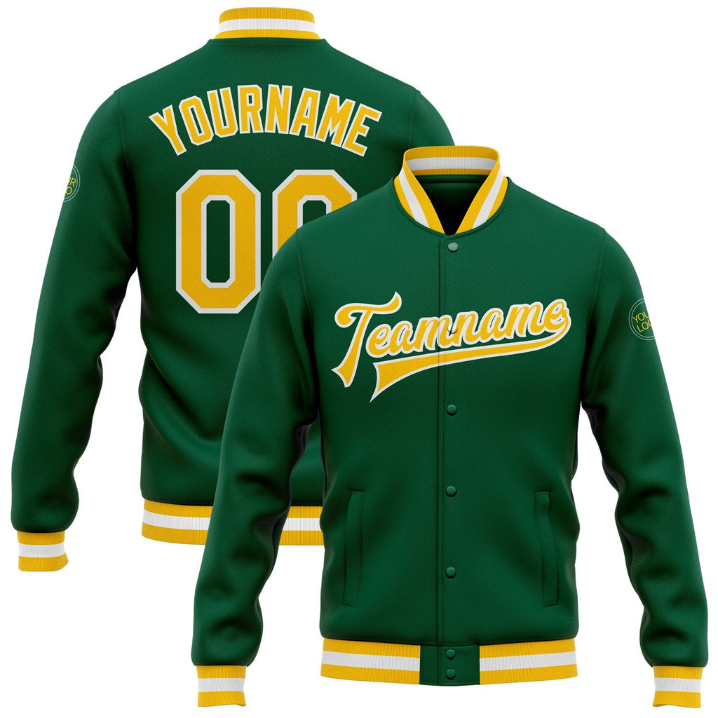 Custom Kelly Green Gold-White Bomber Full-Snap Varsity Letterman Jacket photo 1