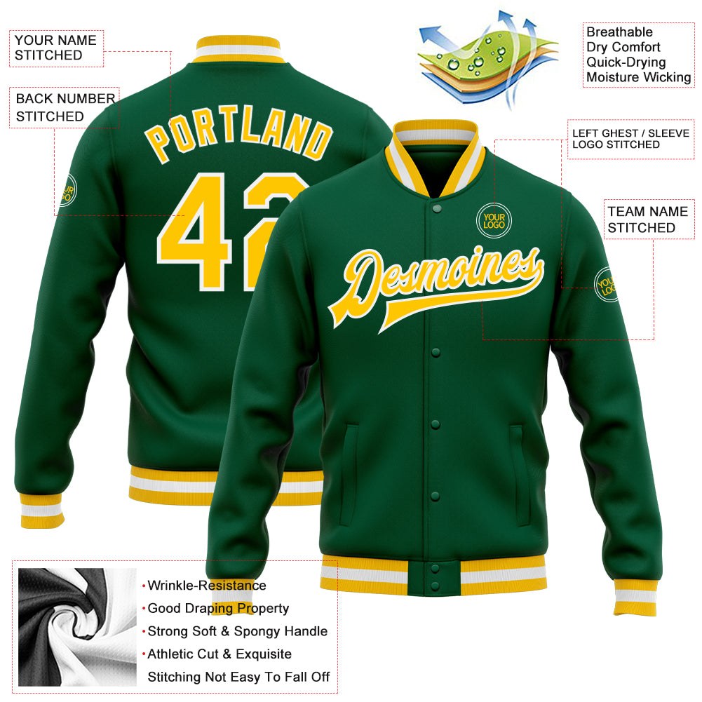 Custom Kelly Green Gold-White Bomber Full-Snap Varsity Letterman Jacket photo 5