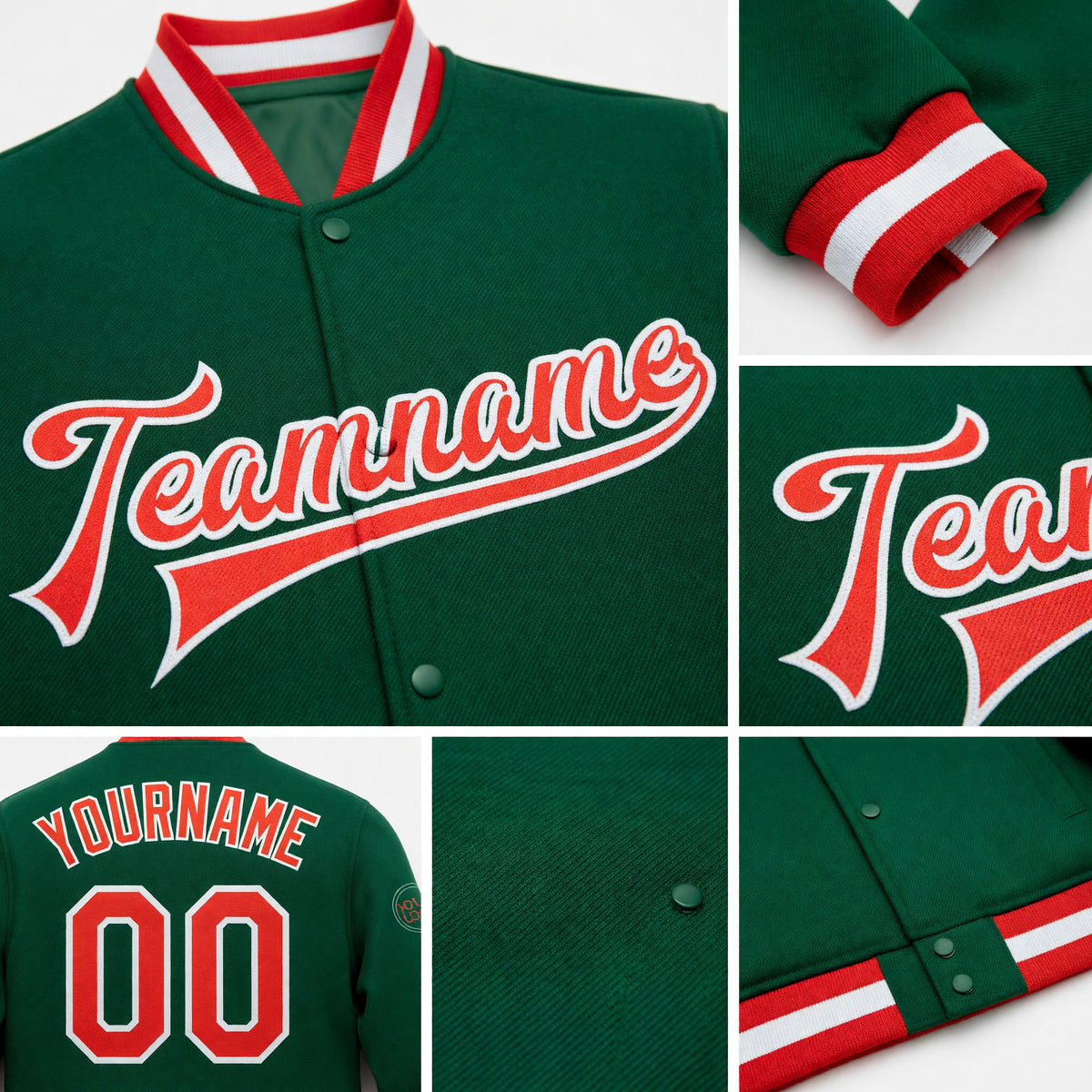 Custom Kelly Green Orange-White Bomber Full-Snap Varsity Letterman Jacket detail