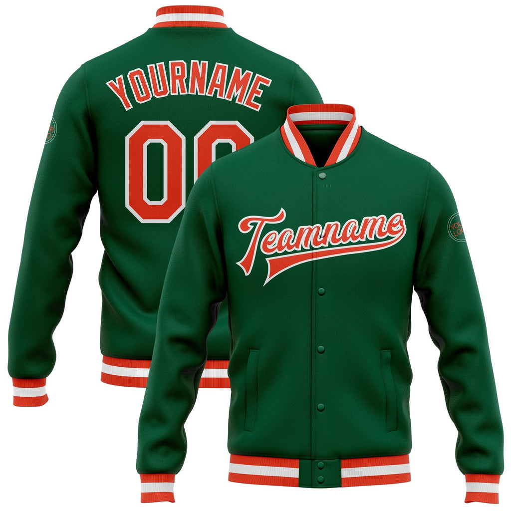 Custom Kelly Green Orange-White Bomber Full-Snap Varsity Letterman Jacket photo 1