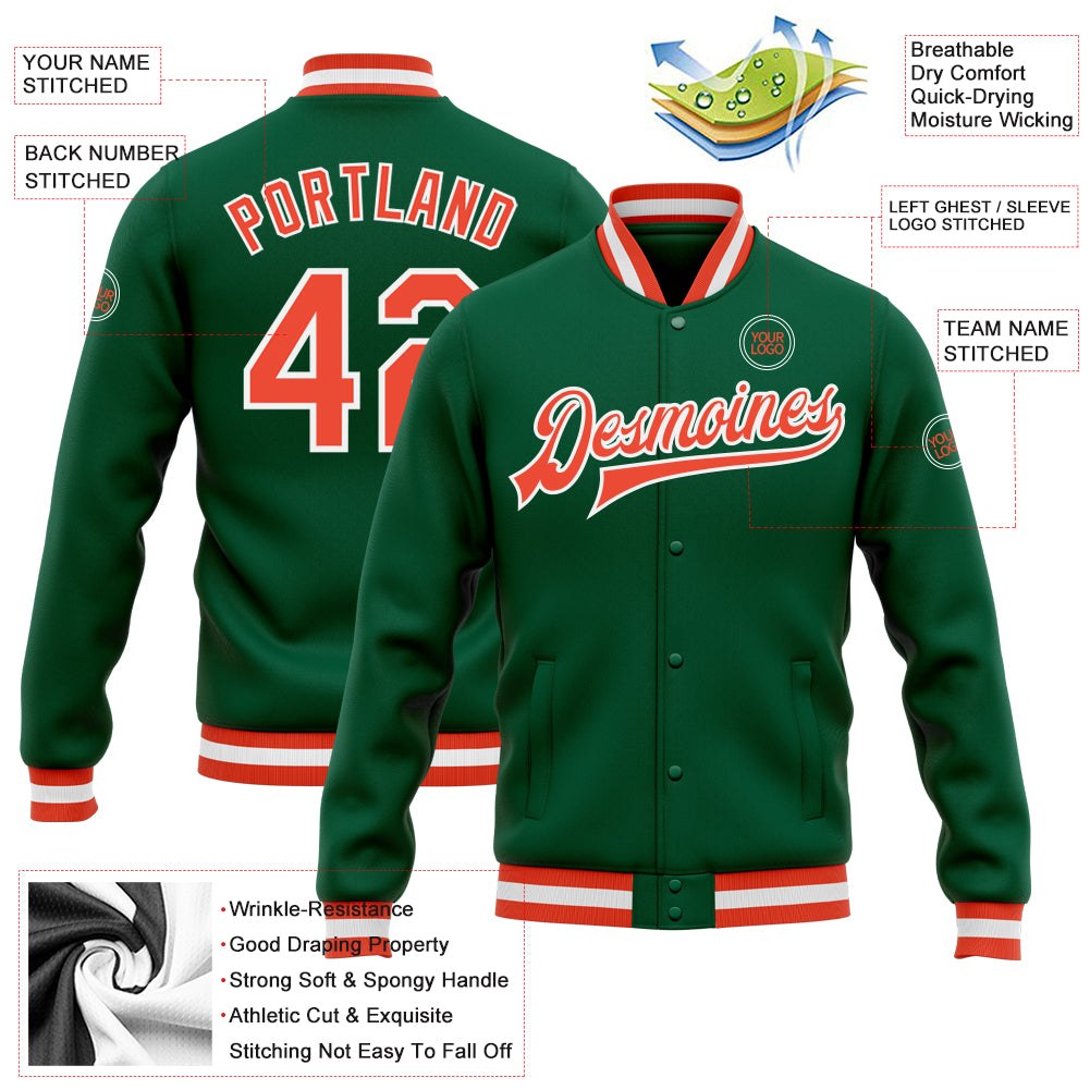 Custom Kelly Green Orange-White Bomber Full-Snap Varsity Letterman Jacket photo 5