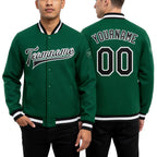 Custom Kelly Green Black-White Bomber Full-Snap Varsity Letterman Jacket worn front and back