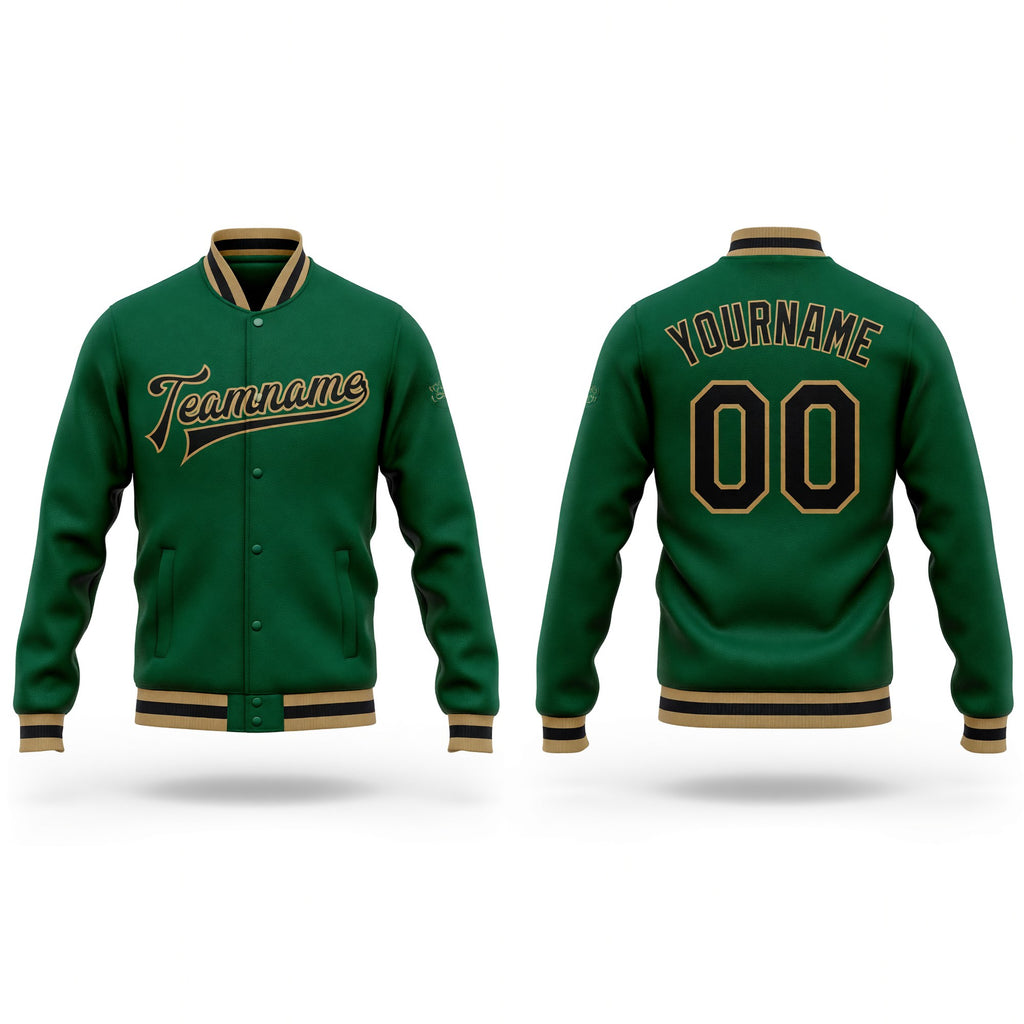 Custom Kelly Green Black-Old Gold Bomber Full-Snap Varsity Letterman Jacket
