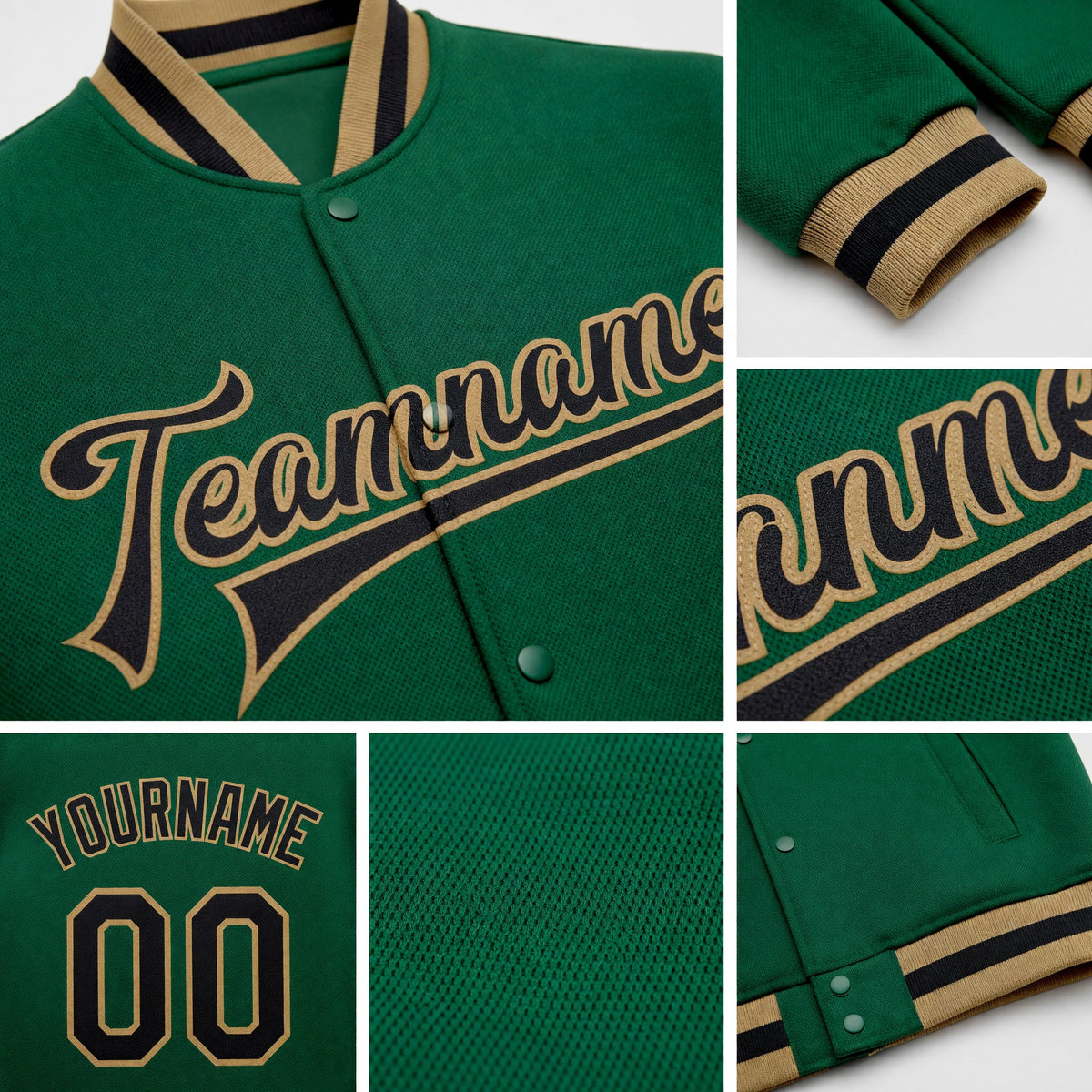 Custom Kelly Green Black-Old Gold Bomber Full-Snap Varsity Letterman Jacket detail