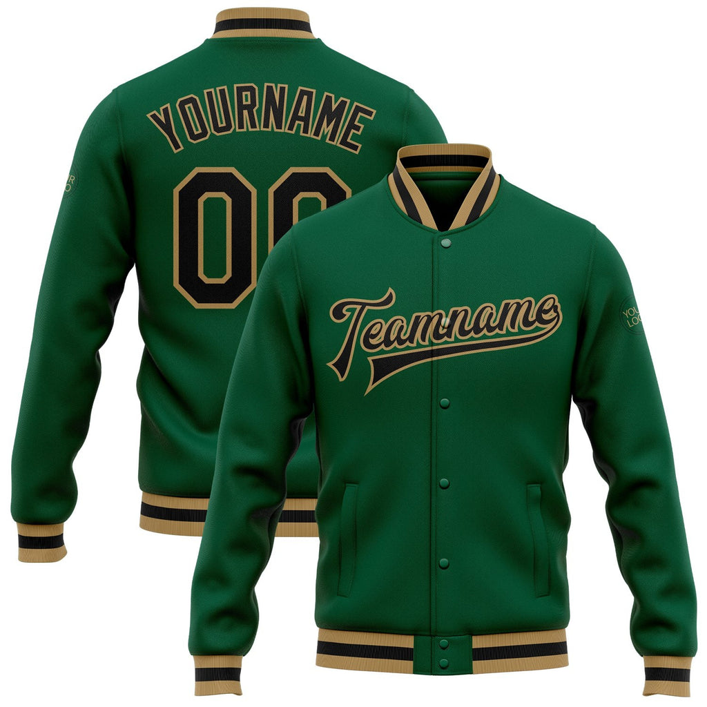 Custom Kelly Green Black-Old Gold Bomber Full-Snap Varsity Letterman Jacket photo 1