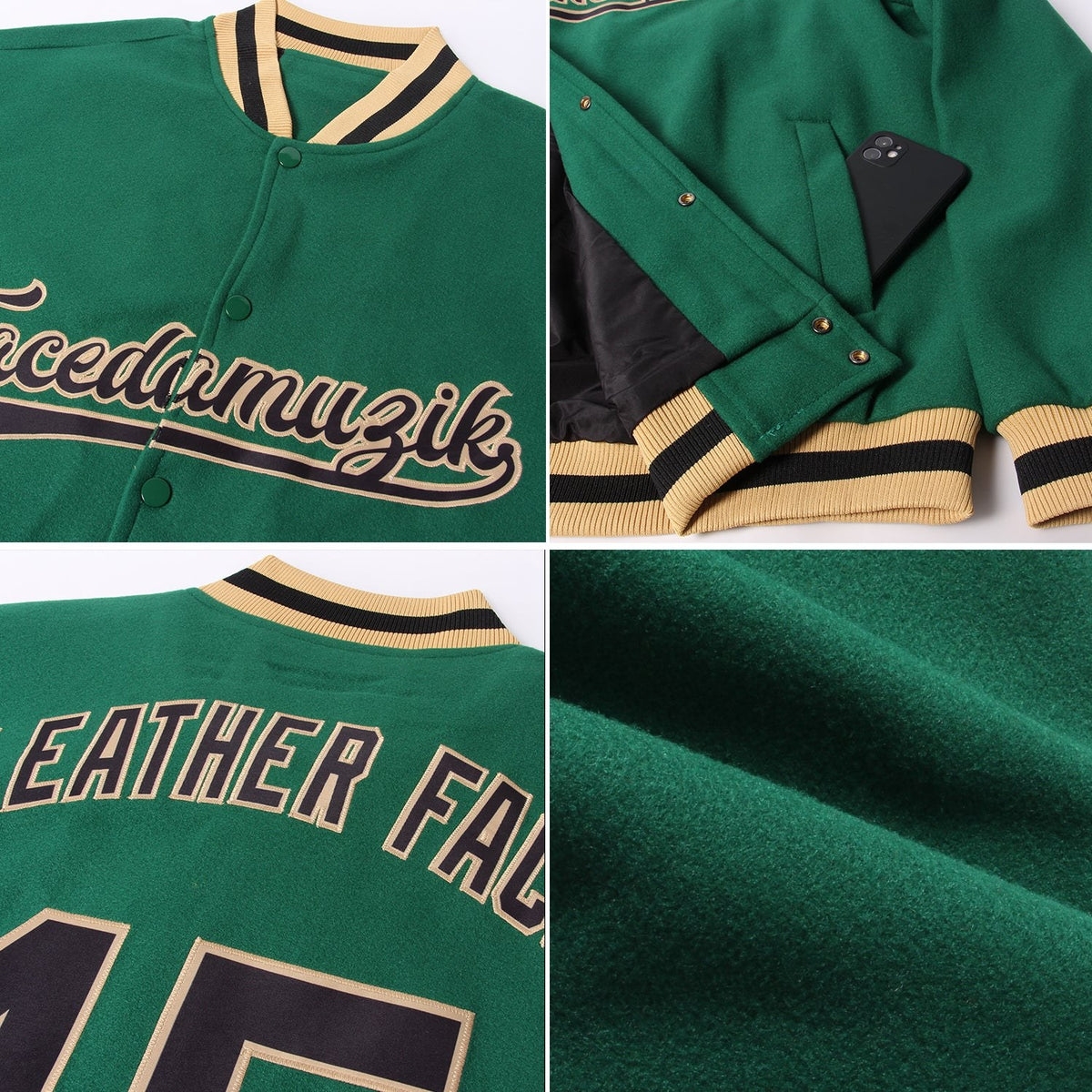 Custom Kelly Green Black-Old Gold Bomber Full-Snap Varsity Letterman Jacket photo 4