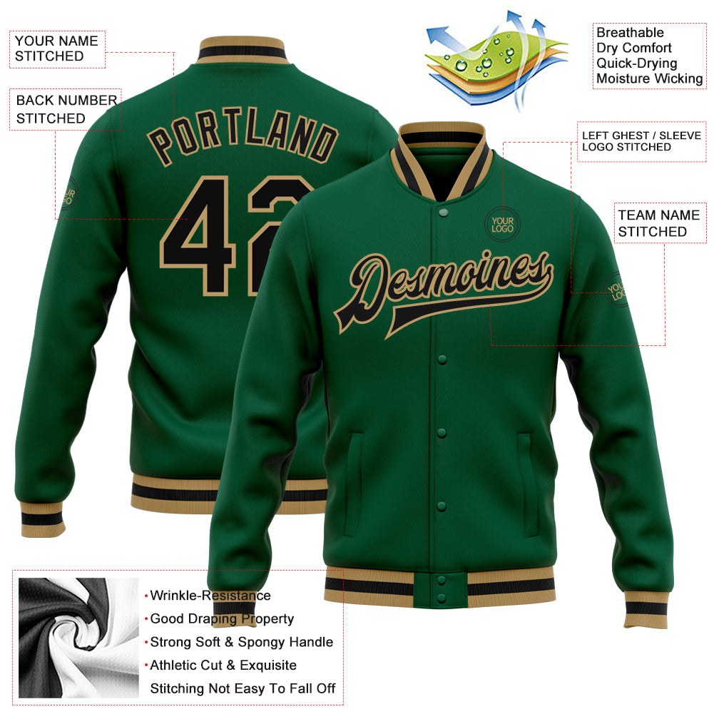 Custom Kelly Green Black-Old Gold Bomber Full-Snap Varsity Letterman Jacket photo 5