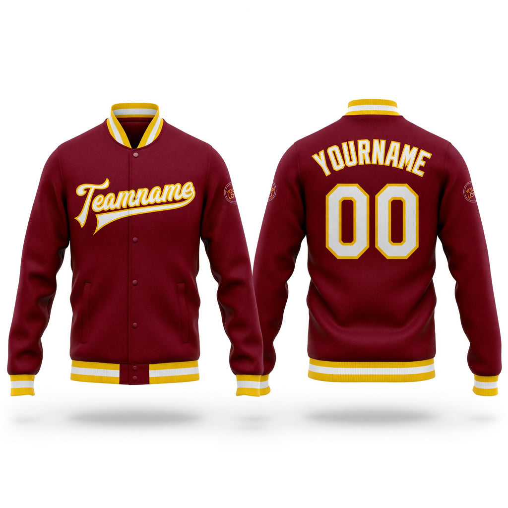Custom Crimson White-Gold Bomber Full-Snap Varsity Letterman Jacket