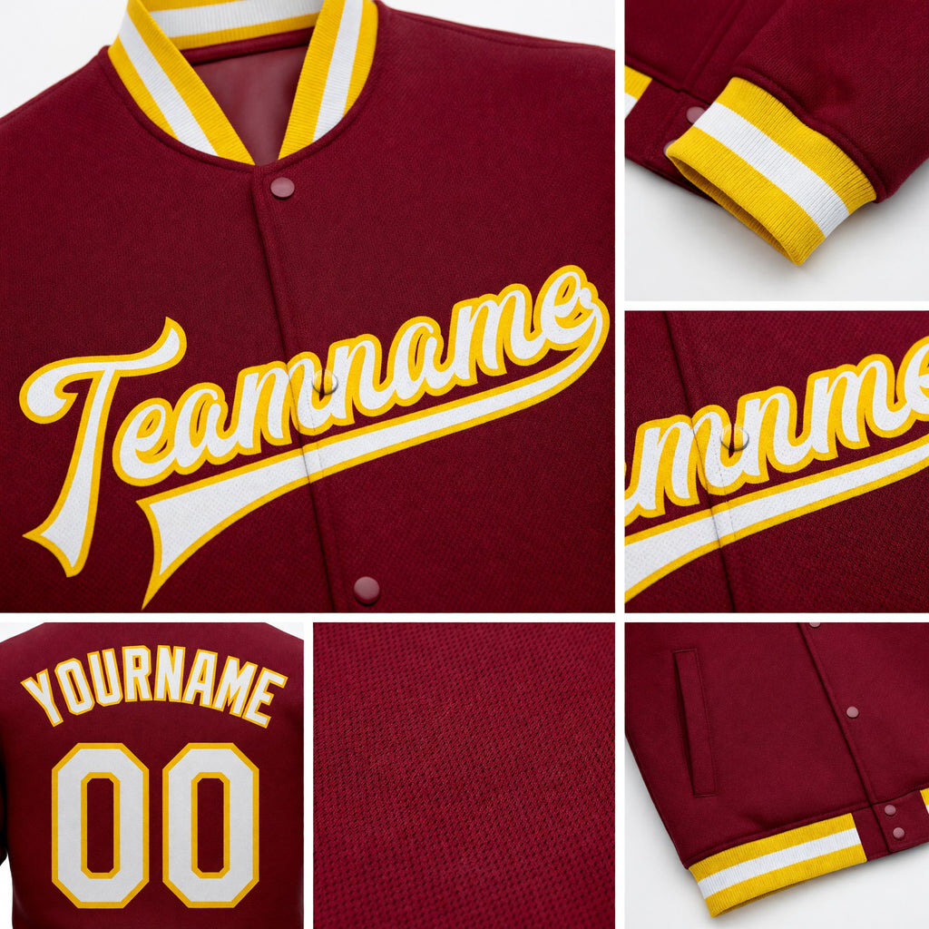 Custom Crimson White-Gold Bomber Full-Snap Varsity Letterman Jacket detail