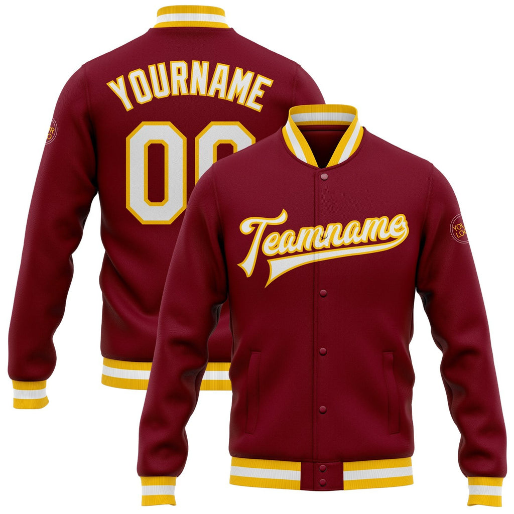 Custom Crimson White-Gold Bomber Full-Snap Varsity Letterman Jacket photo 1
