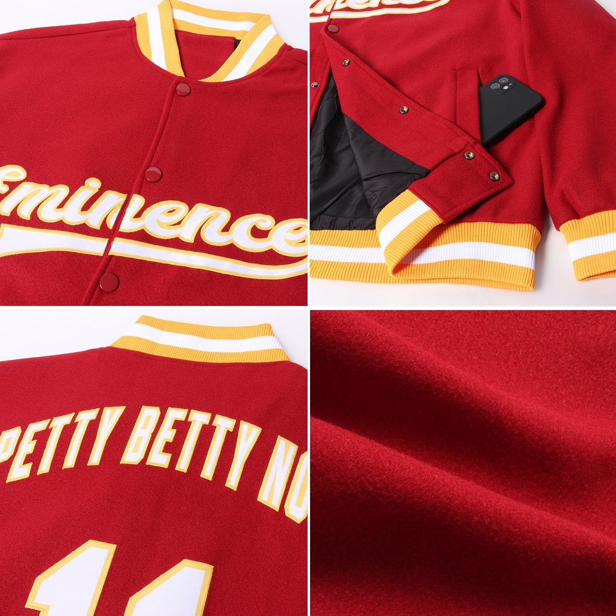 Custom Crimson White-Gold Bomber Full-Snap Varsity Letterman Jacket photo 4