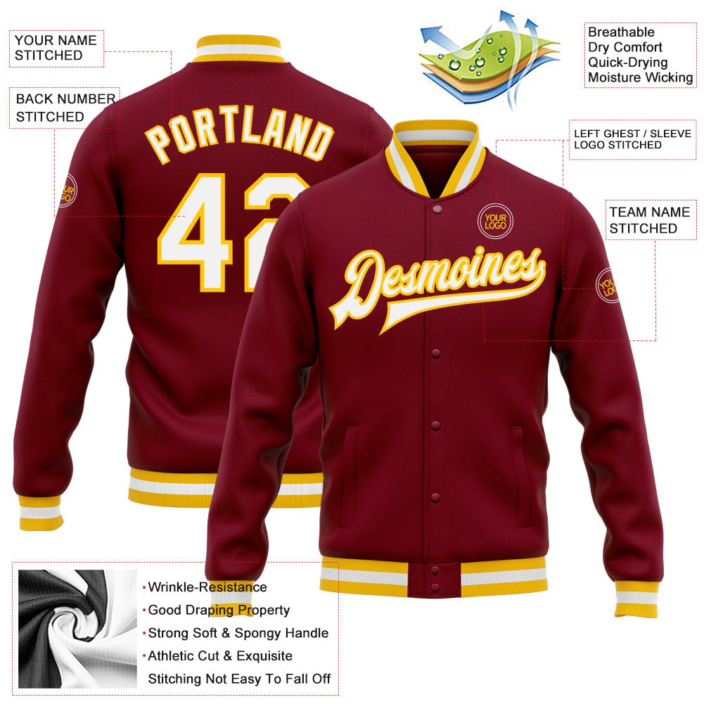 Custom Crimson White-Gold Bomber Full-Snap Varsity Letterman Jacket photo 5