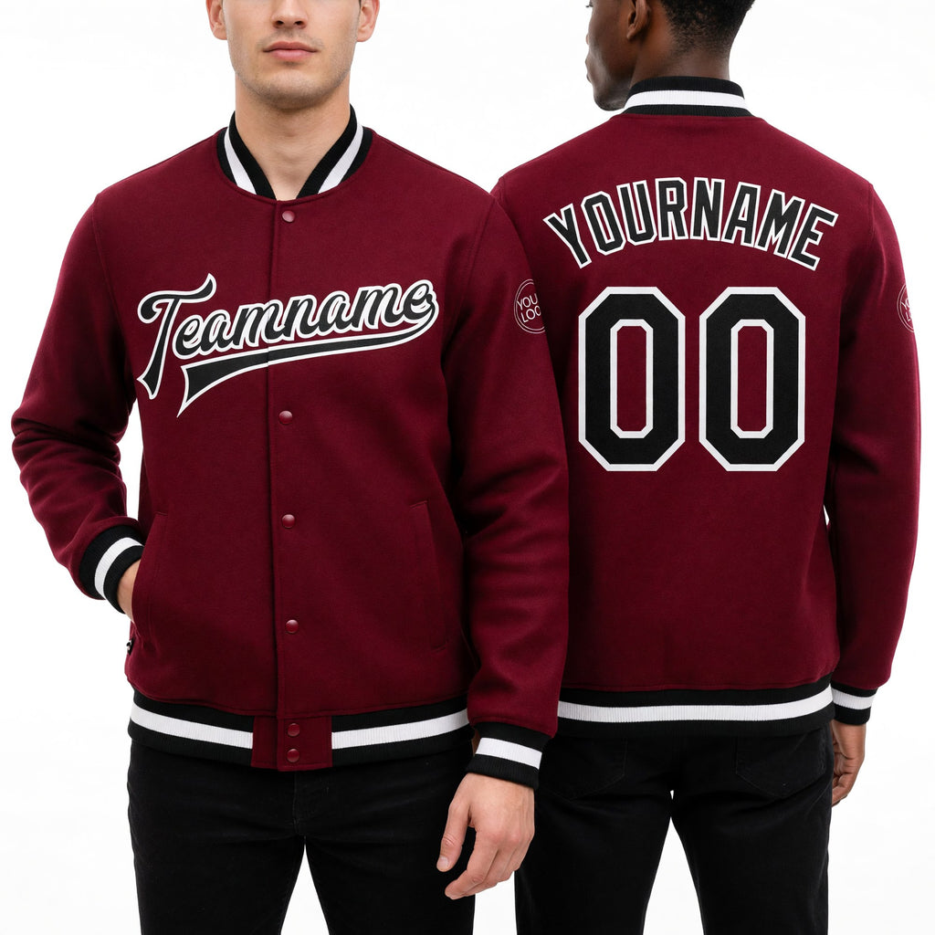 Custom Crimson Black-White Bomber Full-Snap Varsity Letterman Jacket worn front and back