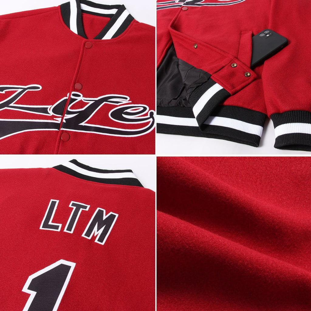 Custom Crimson Black-White Bomber Full-Snap Varsity Letterman Jacket photo 4