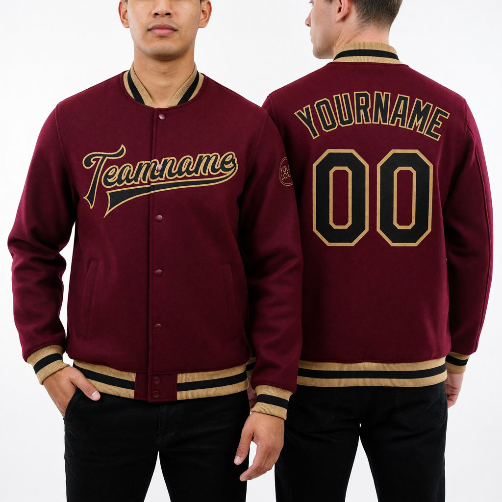 Custom Crimson Black-Old Gold Bomber Full-Snap Varsity Letterman Jacket worn front and back