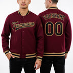 Custom Crimson Black-Old Gold Bomber Full-Snap Varsity Letterman Jacket worn front and back