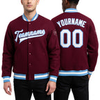 Custom Crimson White-Light Blue Bomber Full-Snap Varsity Letterman Jacket worn front and back