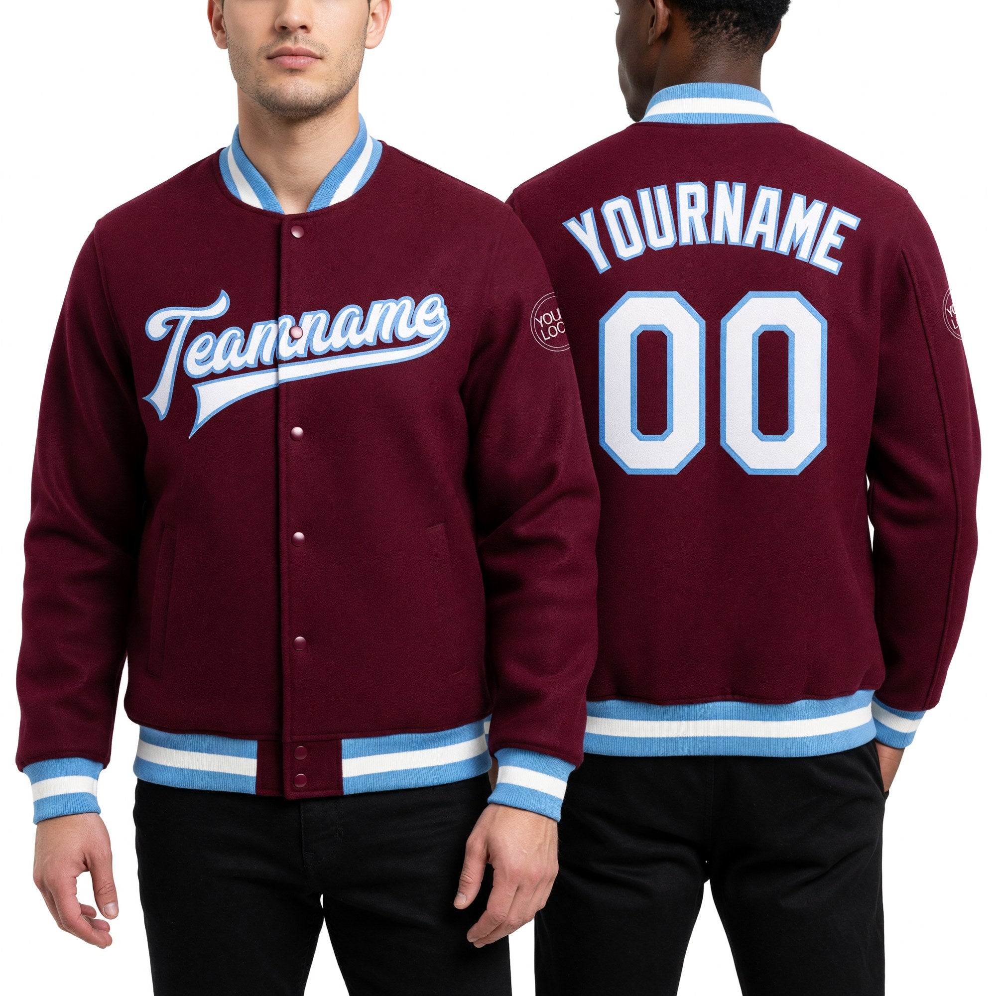Custom Crimson White-Light Blue Bomber Full-Snap Varsity Letterman Jacket worn front and back