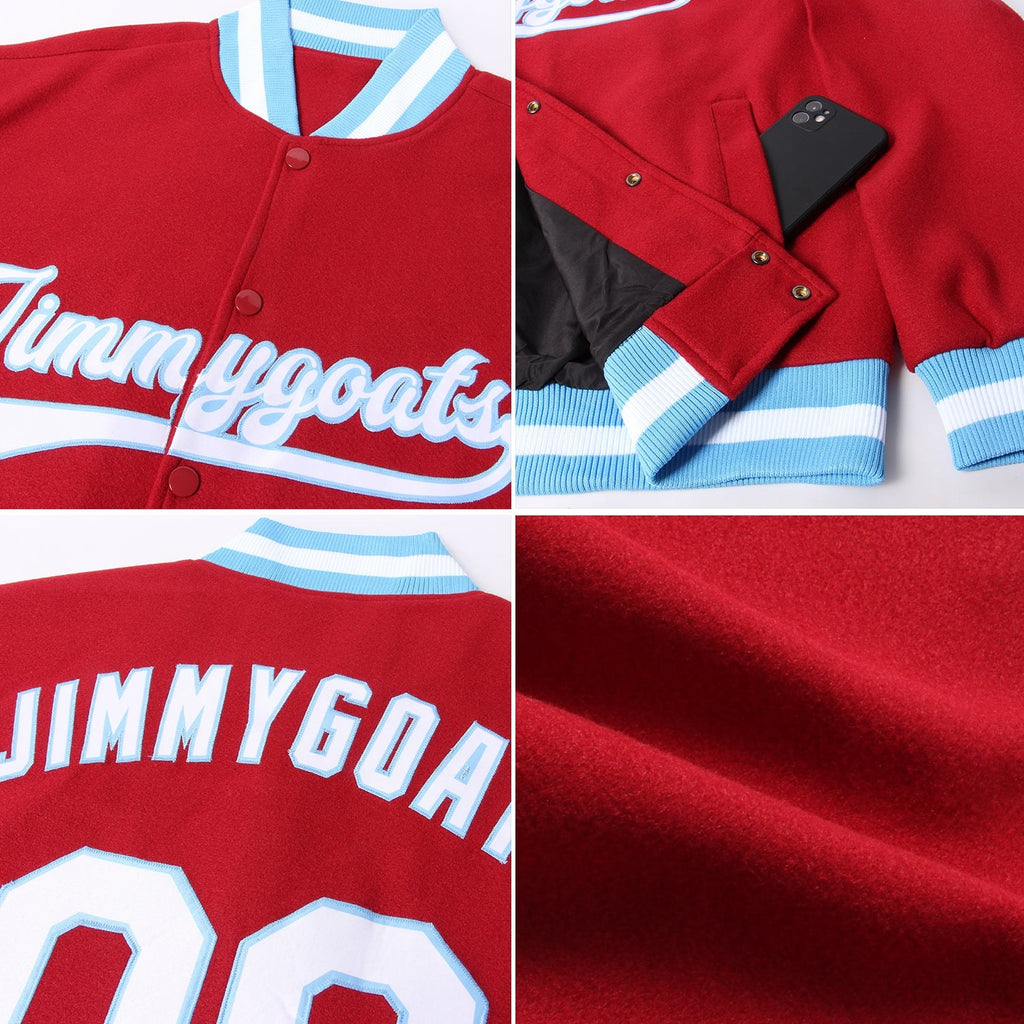 Custom Crimson White-Light Blue Bomber Full-Snap Varsity Letterman Jacket photo 4