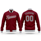 Custom Crimson Gray-White Bomber Full-Snap Varsity Letterman Jacket