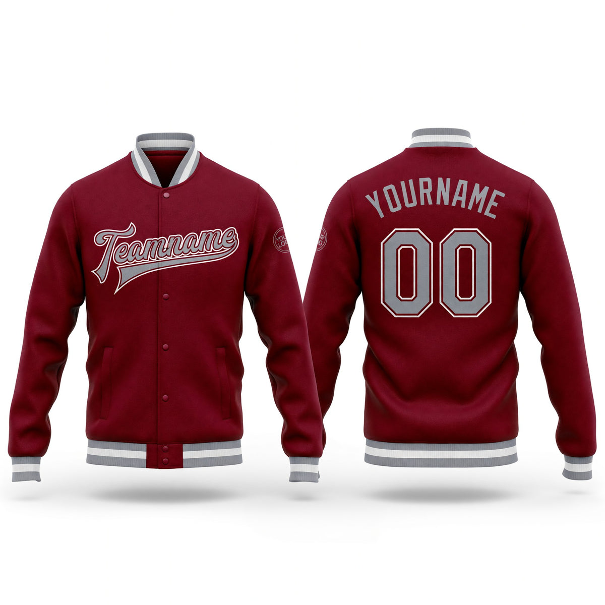 Custom Crimson Gray-White Bomber Full-Snap Varsity Letterman Jacket