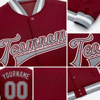 Custom Crimson Gray-White Bomber Full-Snap Varsity Letterman Jacket detail